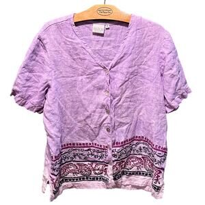Vintage MATCH Linen Paisley Shirt XL Purple Boho Button Front Top